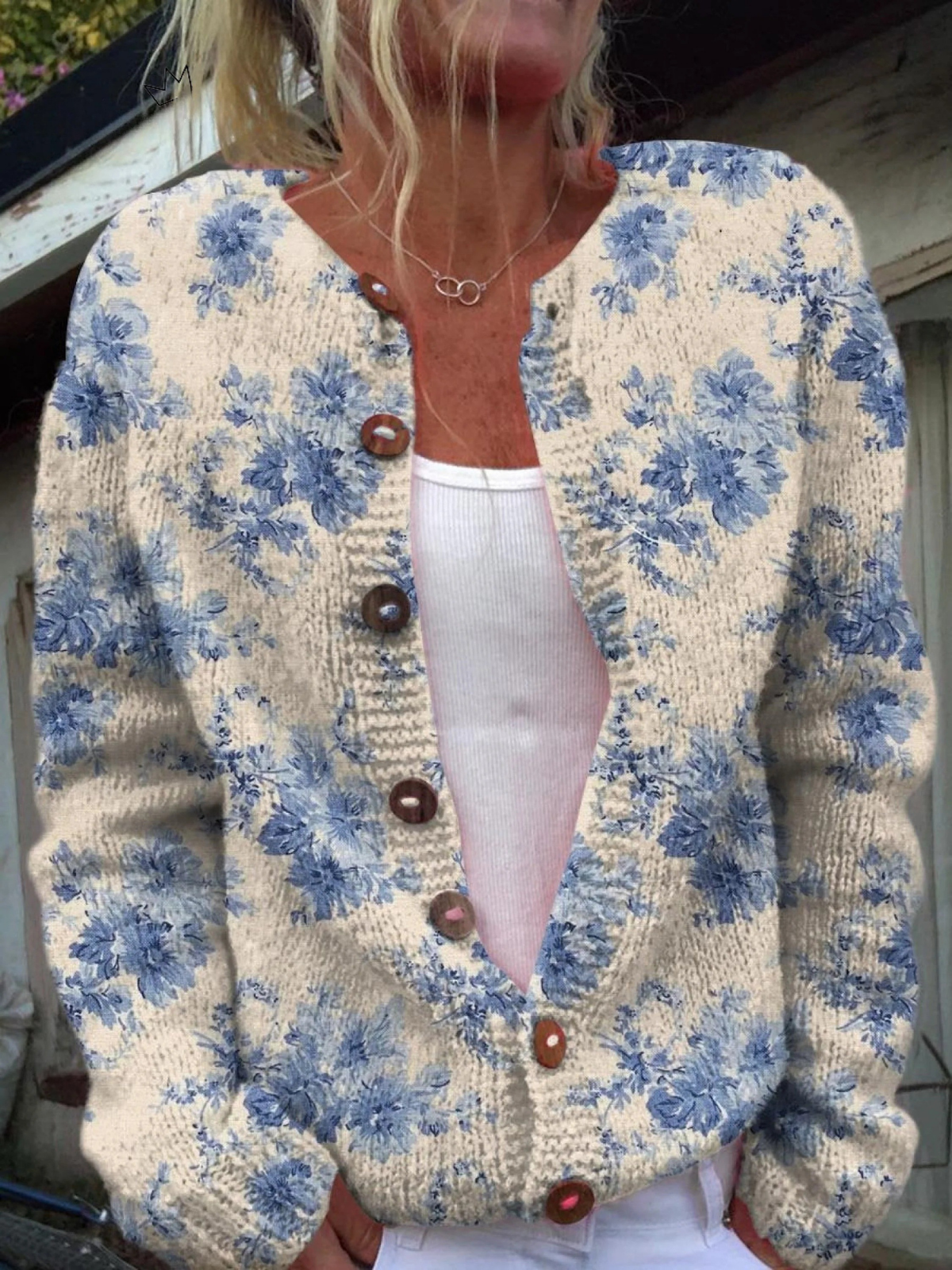 DAYSIE™ | Cardigan en maille florale bleue vintage
