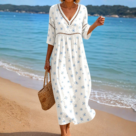 VESTIDO MIDI DE VERANO SUAVE CON PEQUEÑAS FLORES AZULES