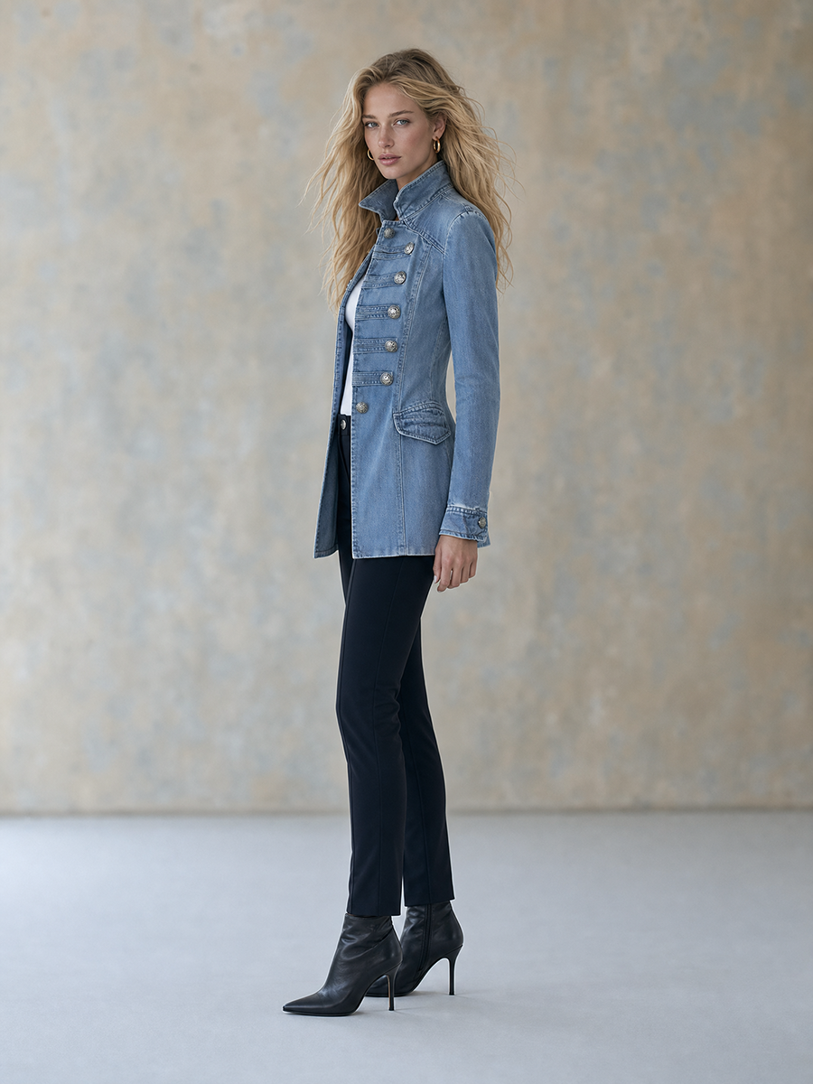 Manteau en Jean Style Militaire à Double Boutonnage