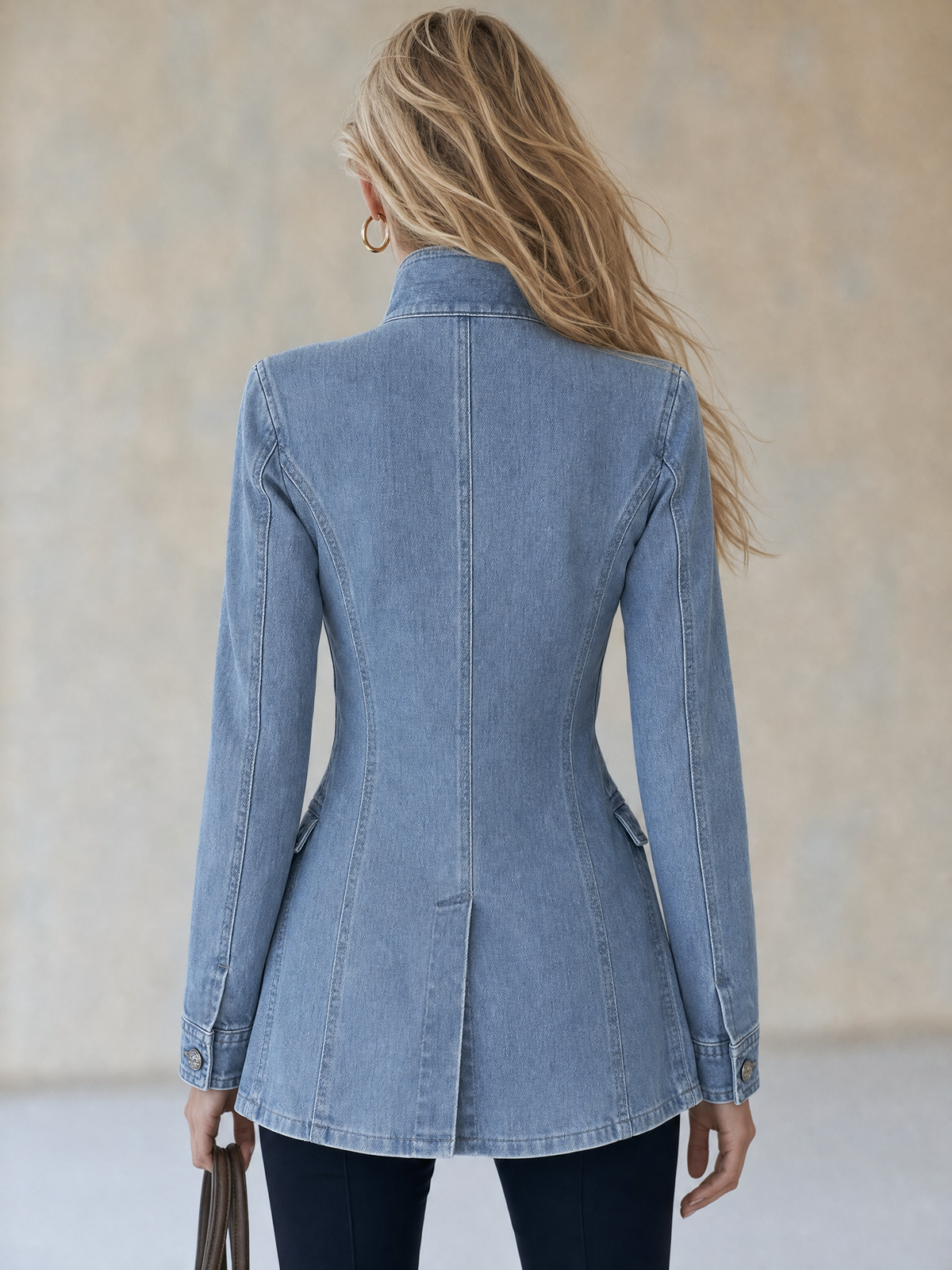 Manteau en Jean Style Militaire à Double Boutonnage