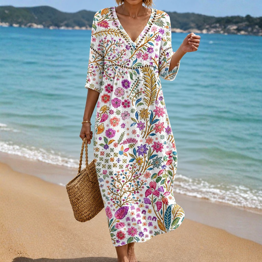 VESTIDO MIDI SUAVE CON ELEGANTE ESTAMPADO FLORAL MULTICOLOR