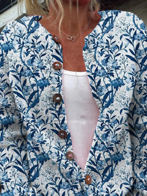 TIVERLY™ | Cárdigan floral azul y blanco con botones