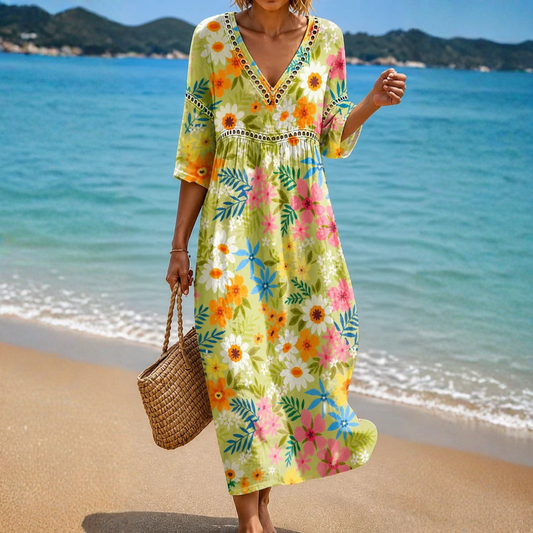 VESTIDO MIDI COLORIDO CON ESTAMPADO FLORAL