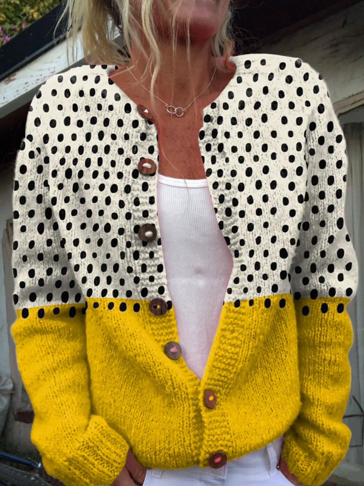 JUNELLA™ | Cárdigan de punto vintage bicolor con lunares