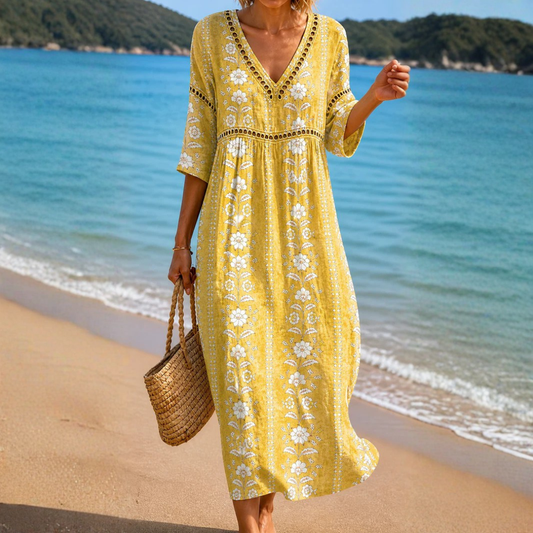 VESTIDO MIDI FLORAL AMARILLO SUAVE