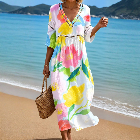 VESTIDO MIDI COLORIDO CON ESTAMPADO FLORAL