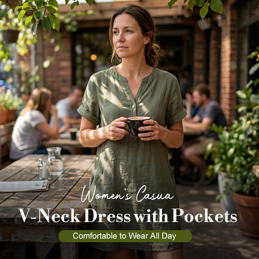 🏖️ -50%! 👗 Vestido tipo túnica con cuello en V para mujer: corte holgado, bolsillos y tejido transpirable.