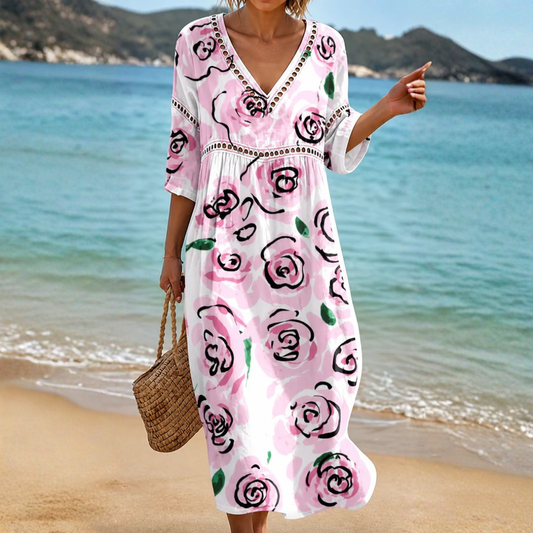 VESTIDO DE PLAYA CON ESTAMPADO DE ROSAS SUAVES