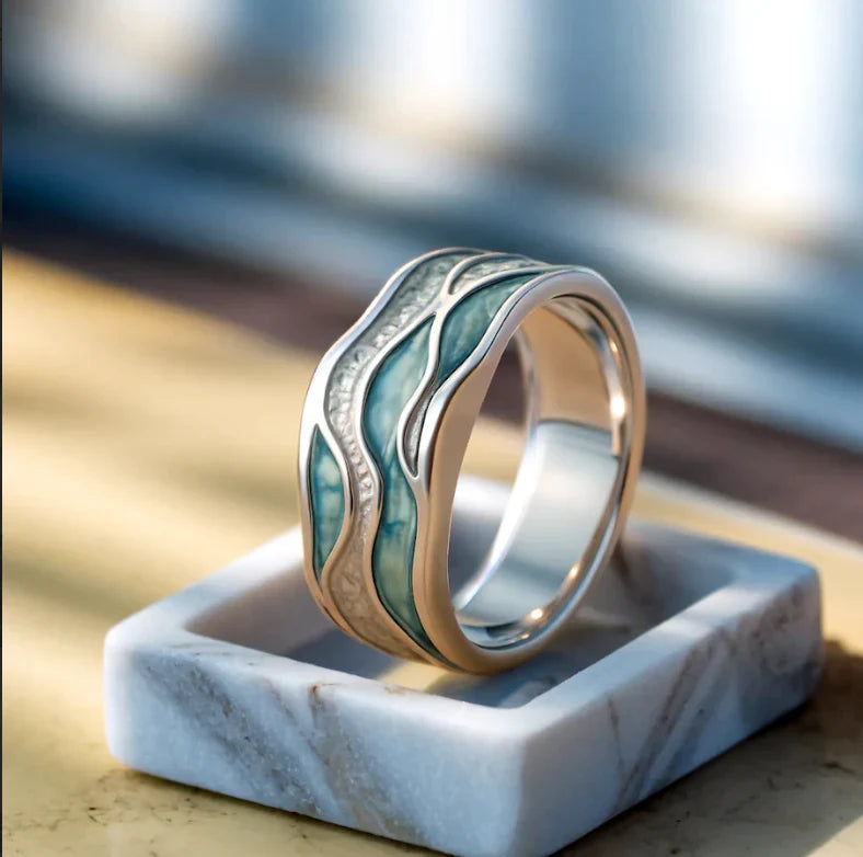 Anillo de olas turquesas plateadas