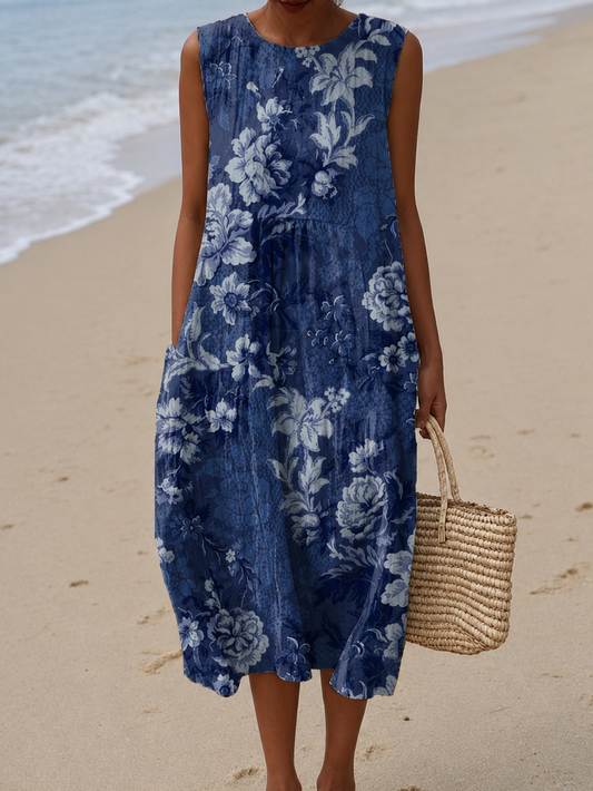 Sadie - Vestido midi de playa sin mangas impreso para mujer, holgado