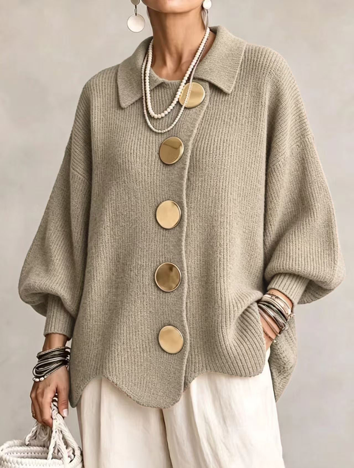 COLETTE™ | Cardigan oversize à col avec gros boutons métalliques