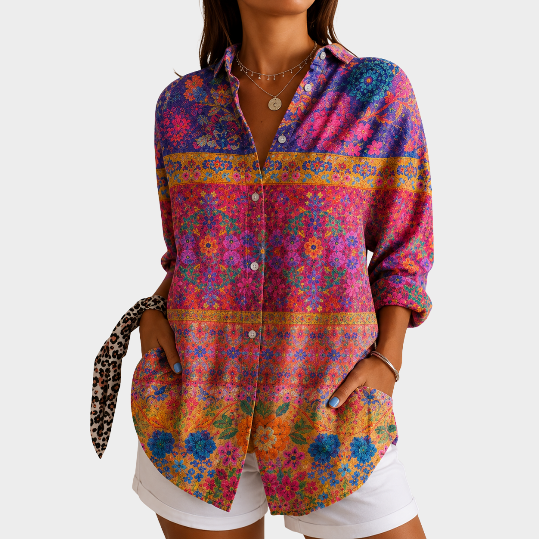 Blusa con mosaico de jardín vibrante