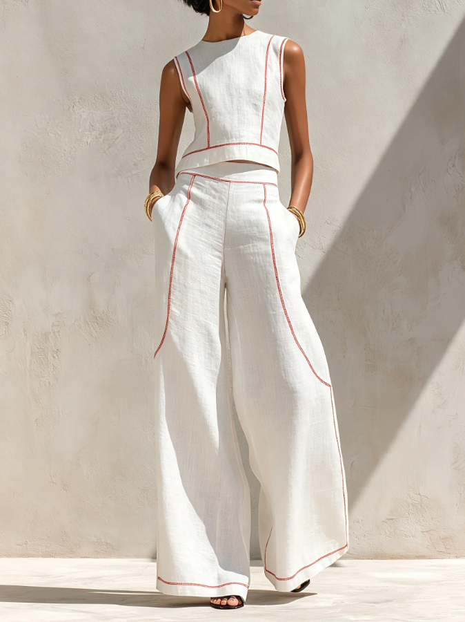 Victoria | Conjunto blanco con top sin mangas y pantalones de pierna ancha