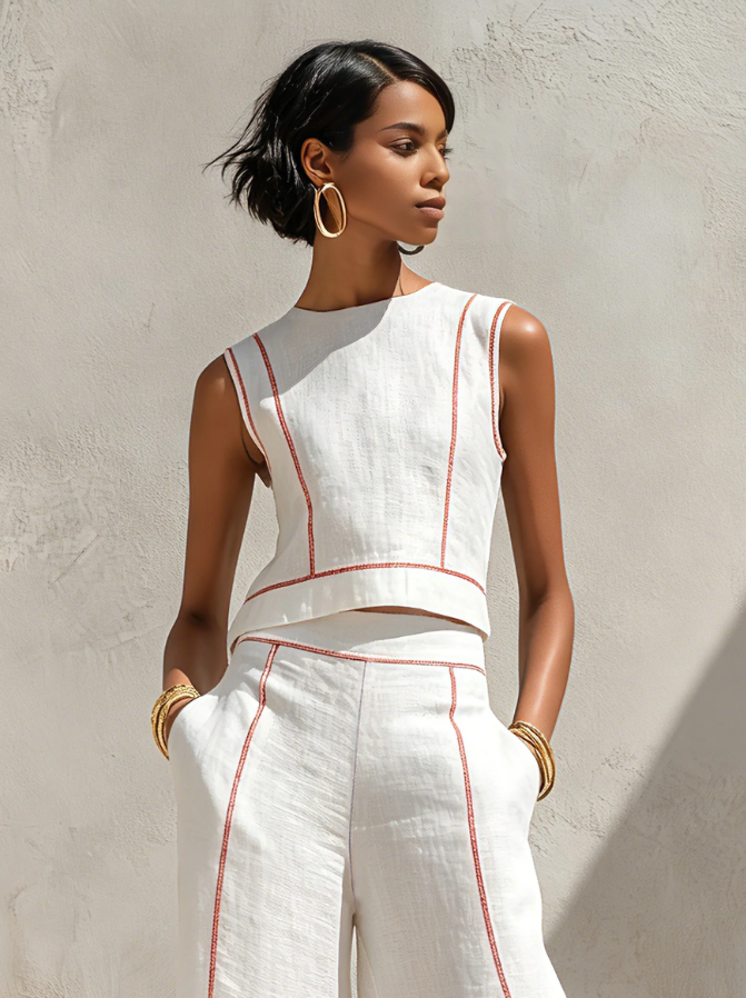 Victoria | Conjunto blanco con top sin mangas y pantalones de pierna ancha