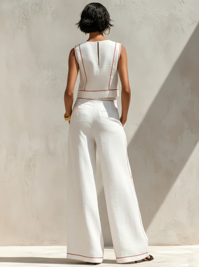 Victoria | Conjunto blanco con top sin mangas y pantalones de pierna ancha
