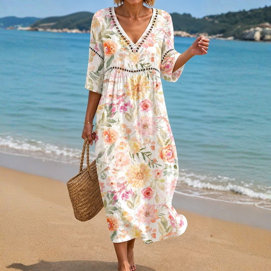 VESTIDO DE PLAYA CON ROSAS DELICADAS