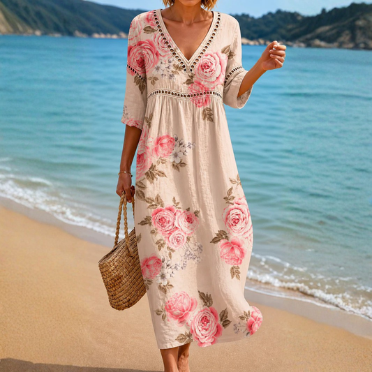 VESTIDO MIDI SUAVE CON ROSAS ELEGANTES