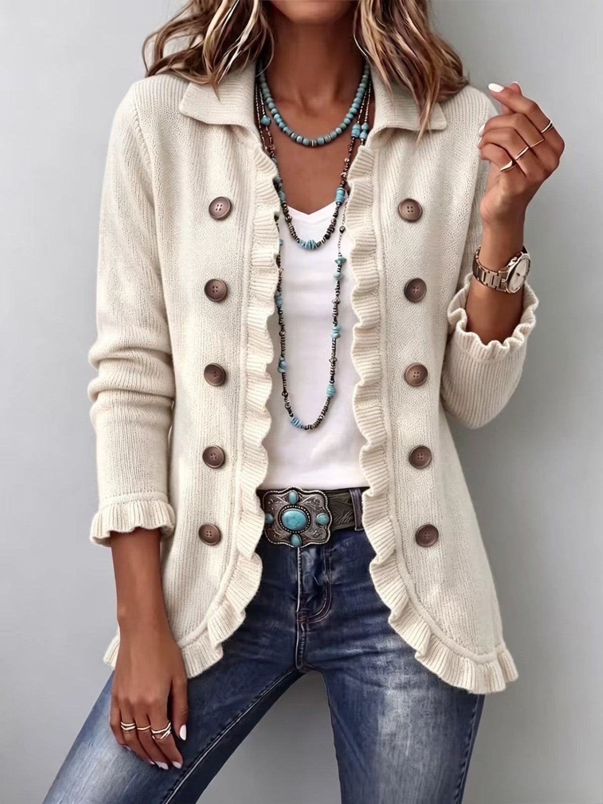 EDWIGE | Chaqueta de punto marfil con volante