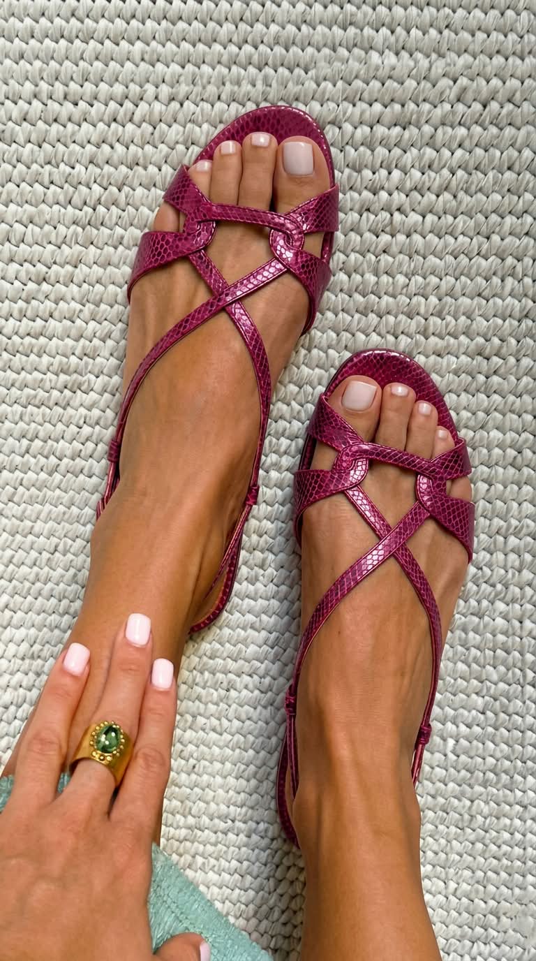 Sandalias planas destalonadas de color bronce, con puntera abierta y efecto piel de serpiente.