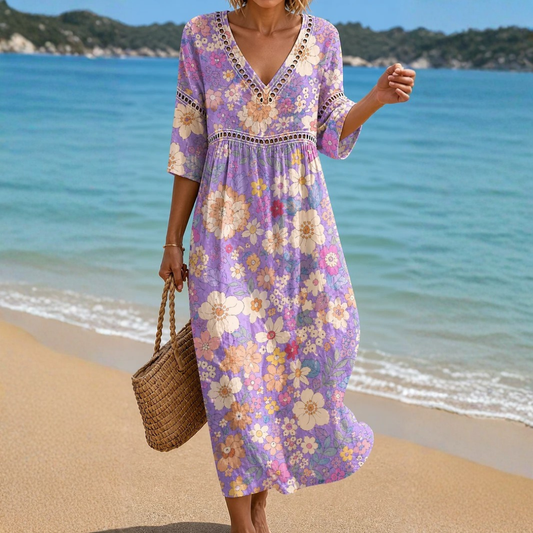 VESTIDO MIDI CON ESTAMPADO FLORAL VIOLETA