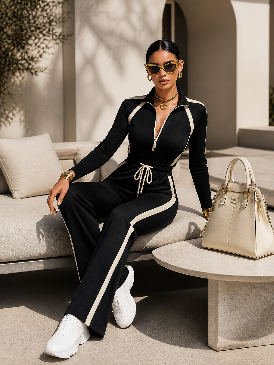 MONIQUE | Ensemble de survêtement à rayures contrastées noires, haut zippé et pantalon à jambes larges avec cordon de serrage