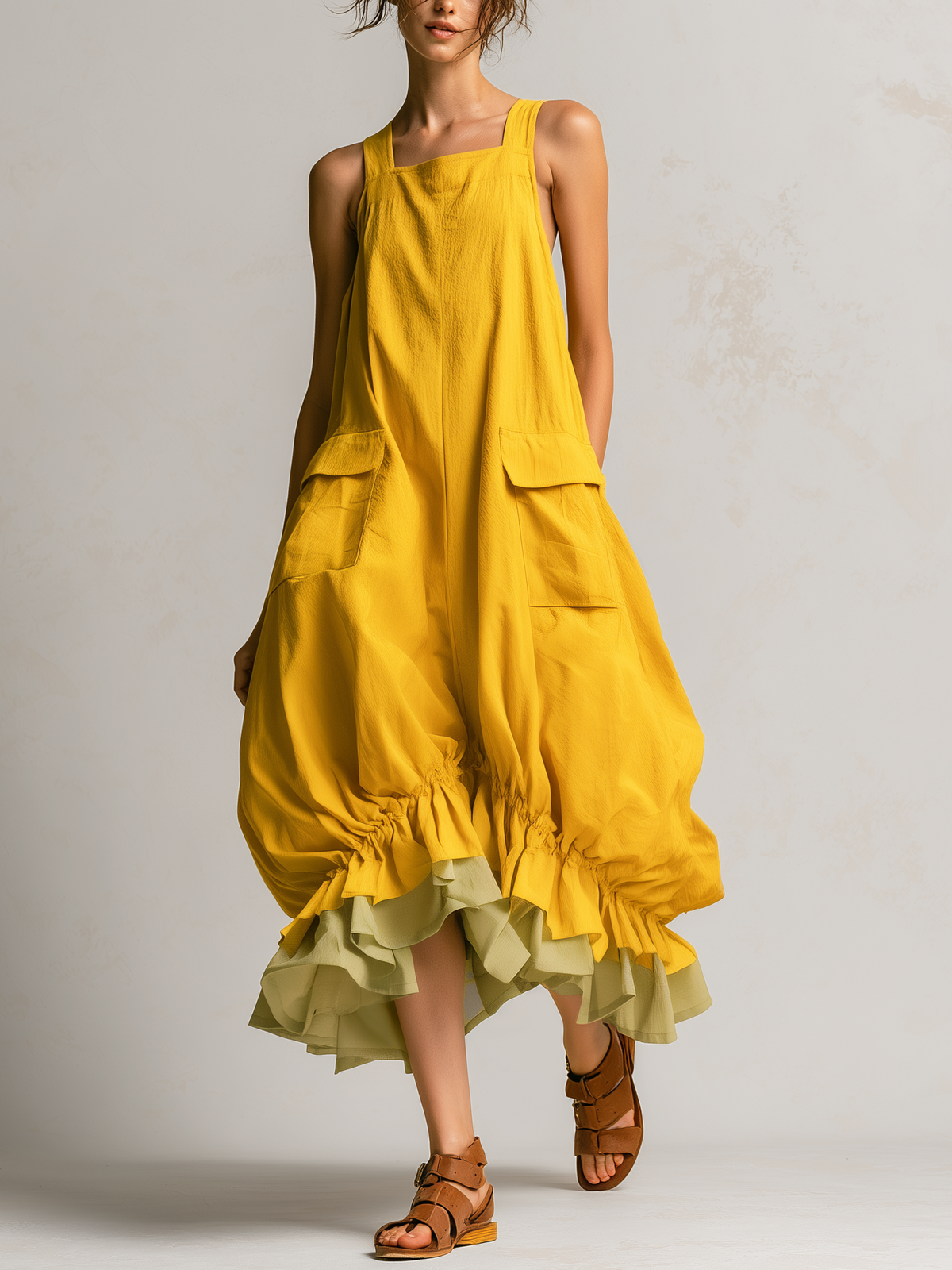 DANIELLE | Robe midi bouffante sans manches avec grandes poches, couches superposées et ourlet à volants