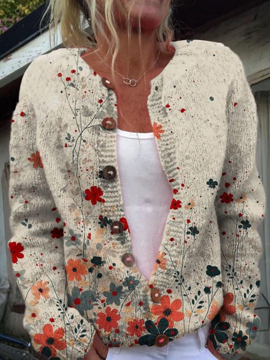 SABRINA™ | Cardigan en maille florale vintage rouge et corail