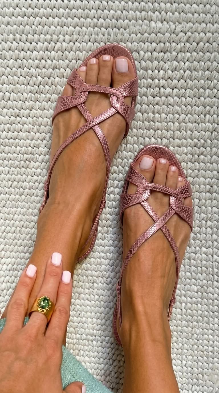 Sandalias planas destalonadas de color bronce, con puntera abierta y efecto piel de serpiente.