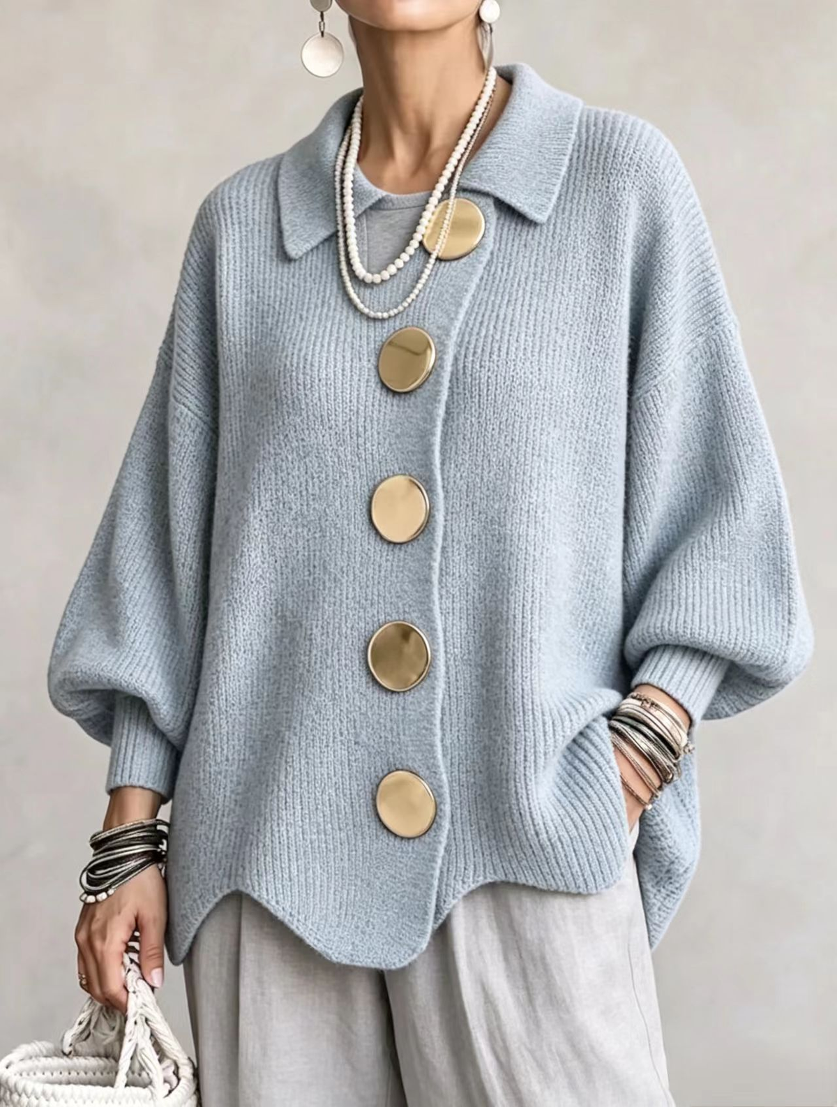 COLETTE™ | Cardigan oversize à col avec gros boutons métalliques