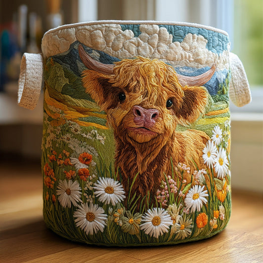 Panier matelassé avec une vache Highland entourée de fleurs