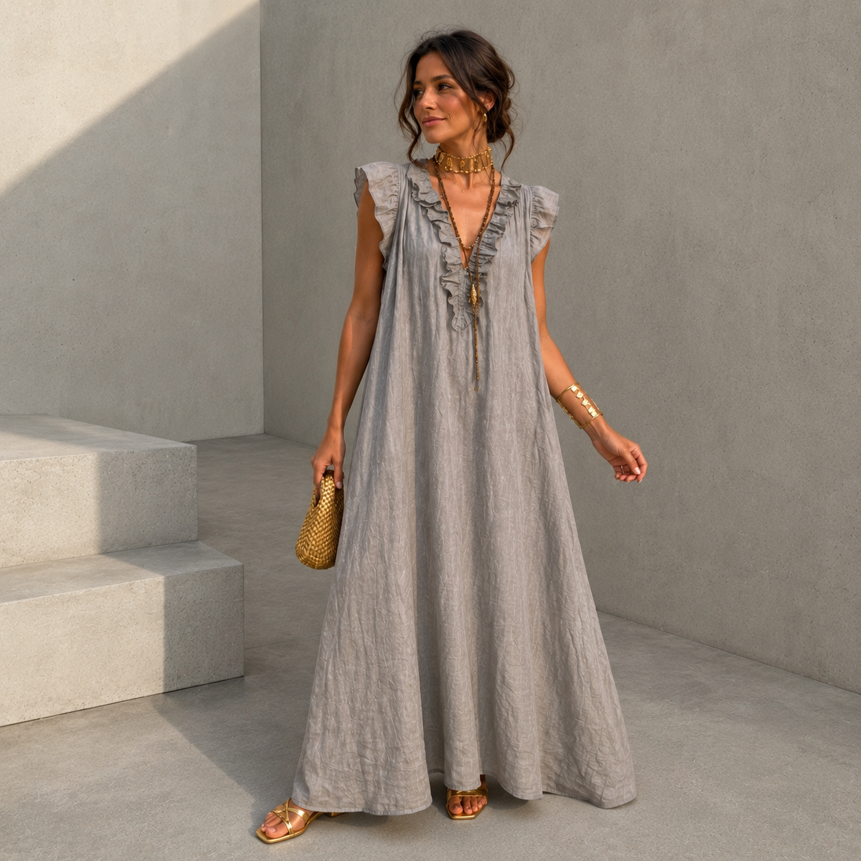 Camelia | Vestido largo de estilo bohemio de lino y algodón