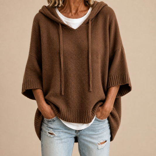 Poncho en maille à capuche marron