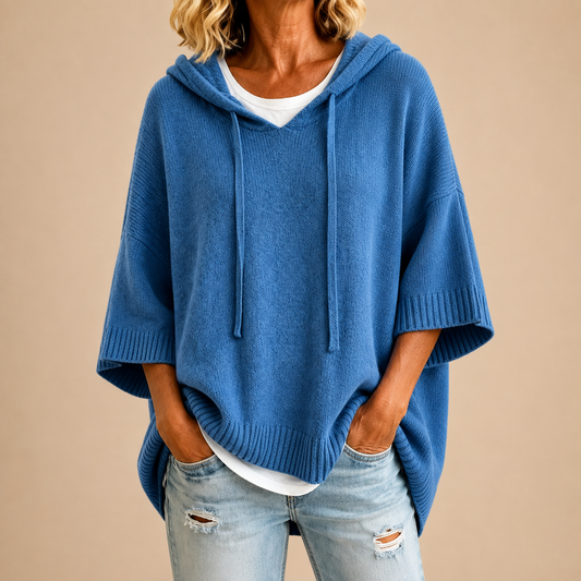 Poncho en tricot à capuche bleu