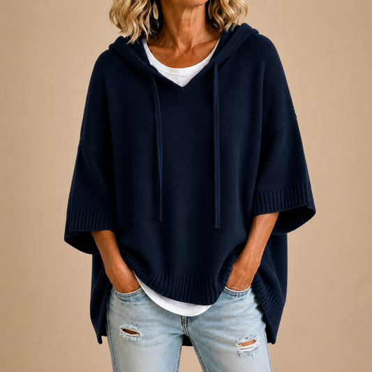 Poncho en maille à capuche bleu marine