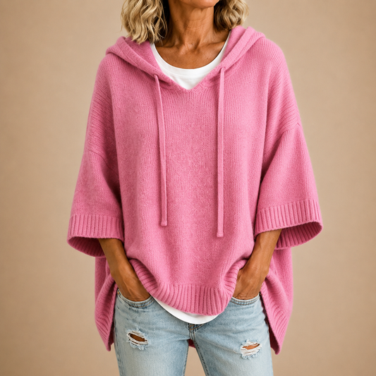 Poncho en maille à capuche rose