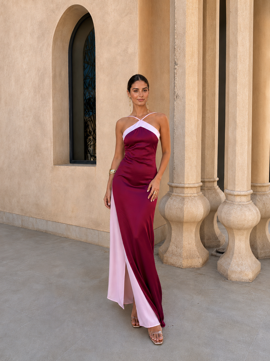 Vestido Largo Satinado Con Escote Cruzado