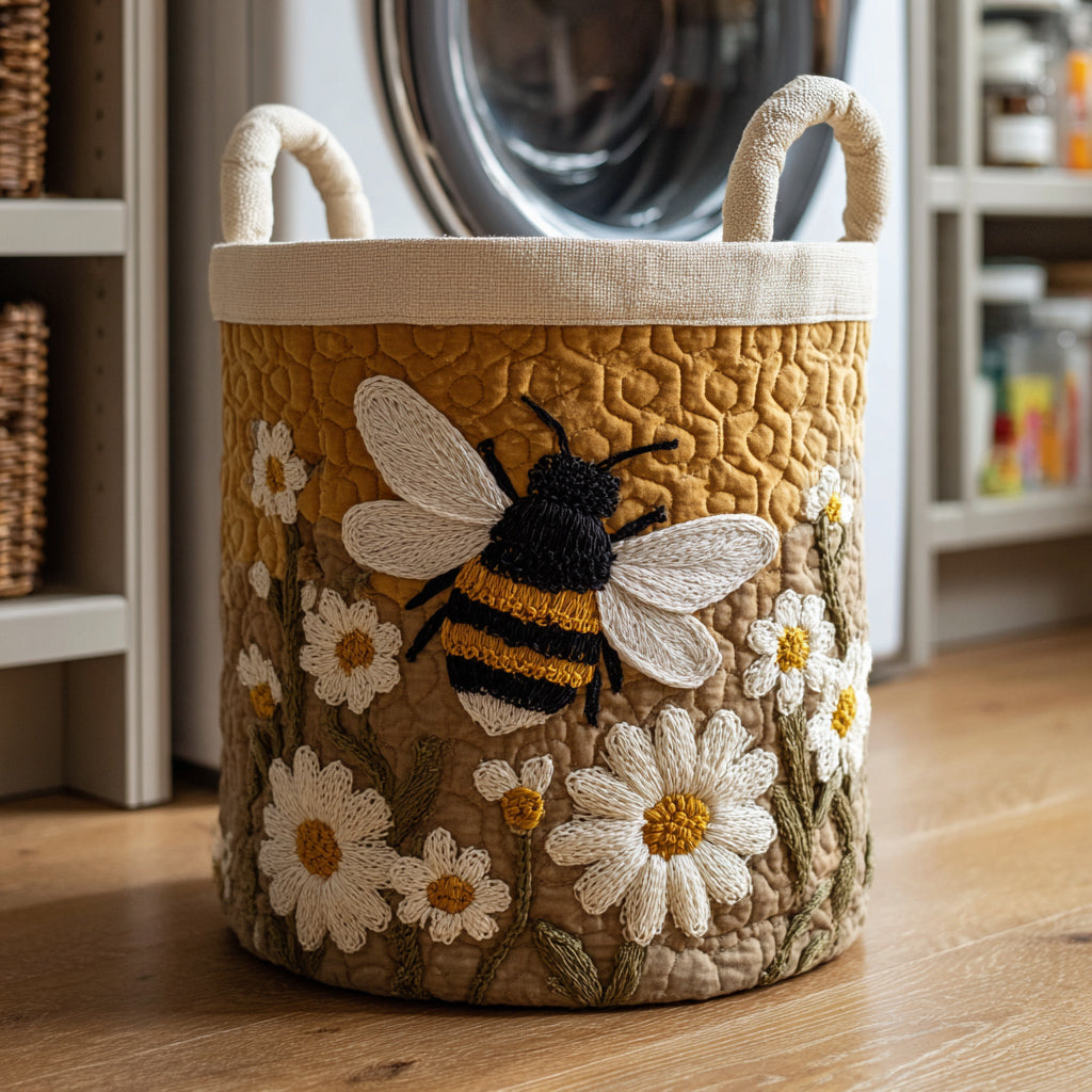 Panier matelassé avec des abeilles et des marguerites