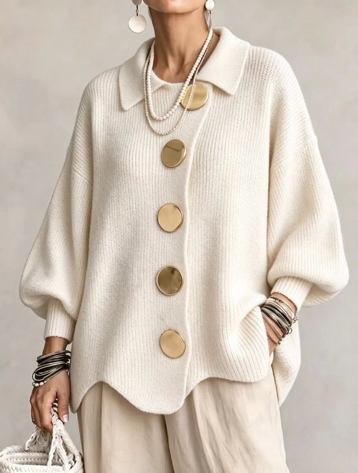 COLETTE™ | Cardigan oversize à col avec gros boutons métalliques