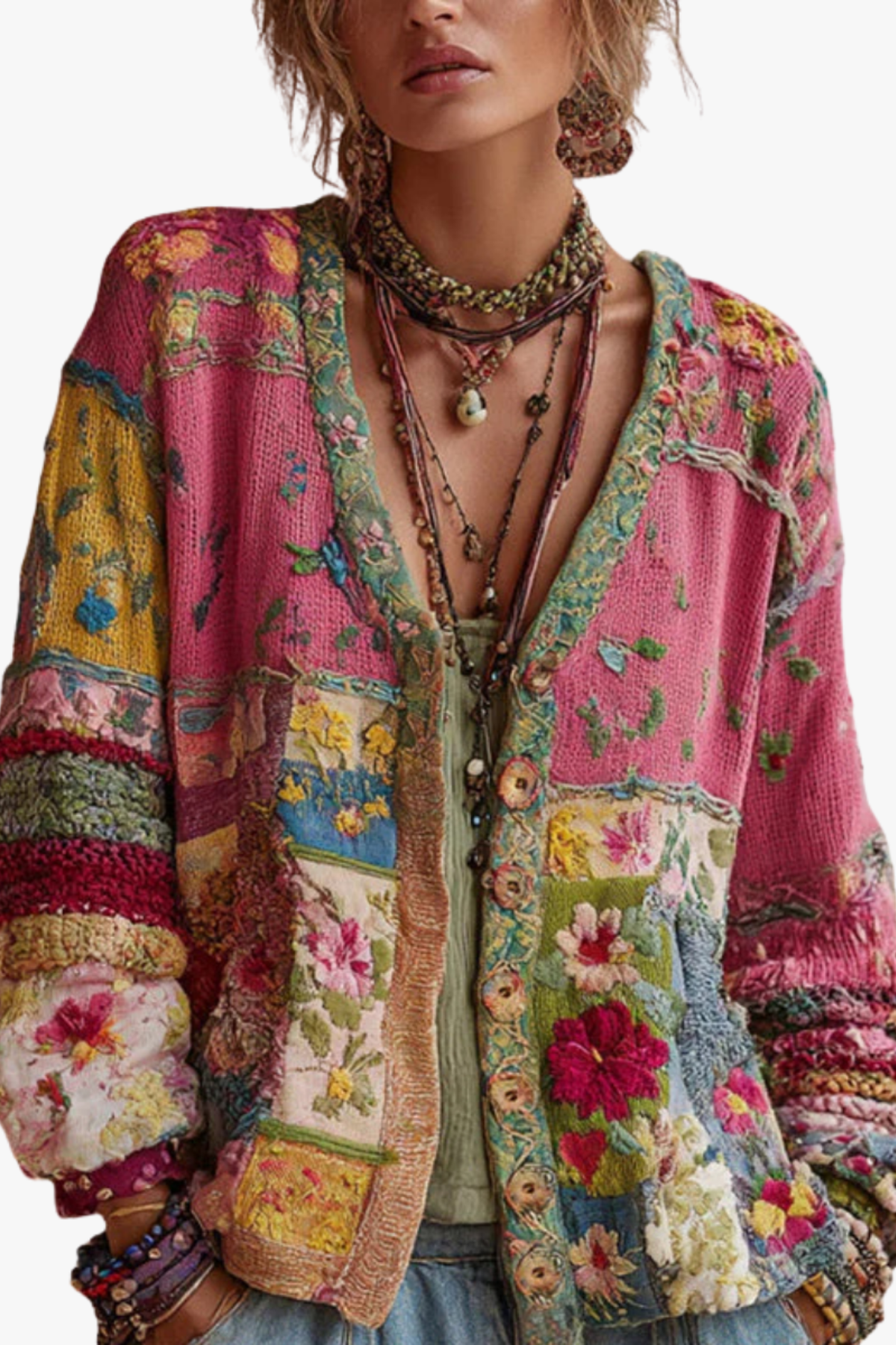 Pétronille™ | Cardigan en maille à patchwork floral