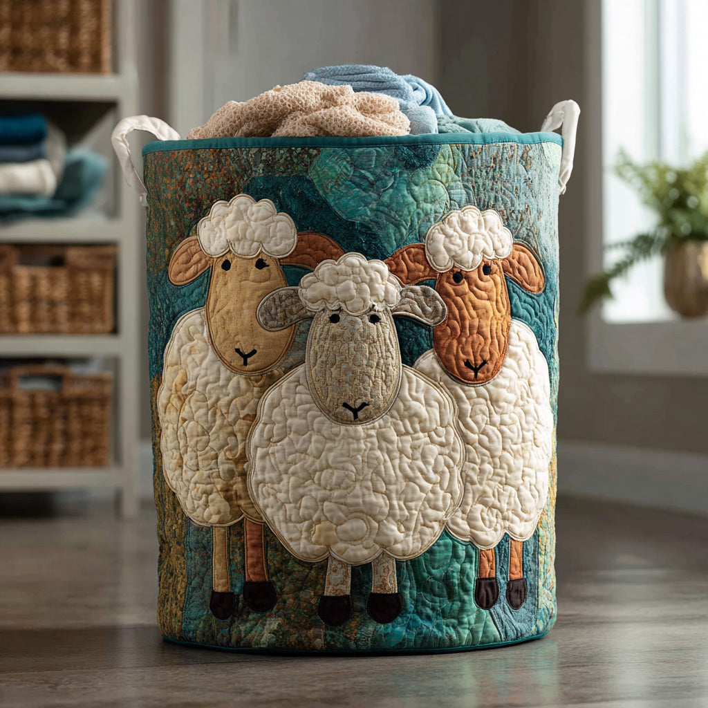 Panier rembourré avec un troupeau de moutons duveteux