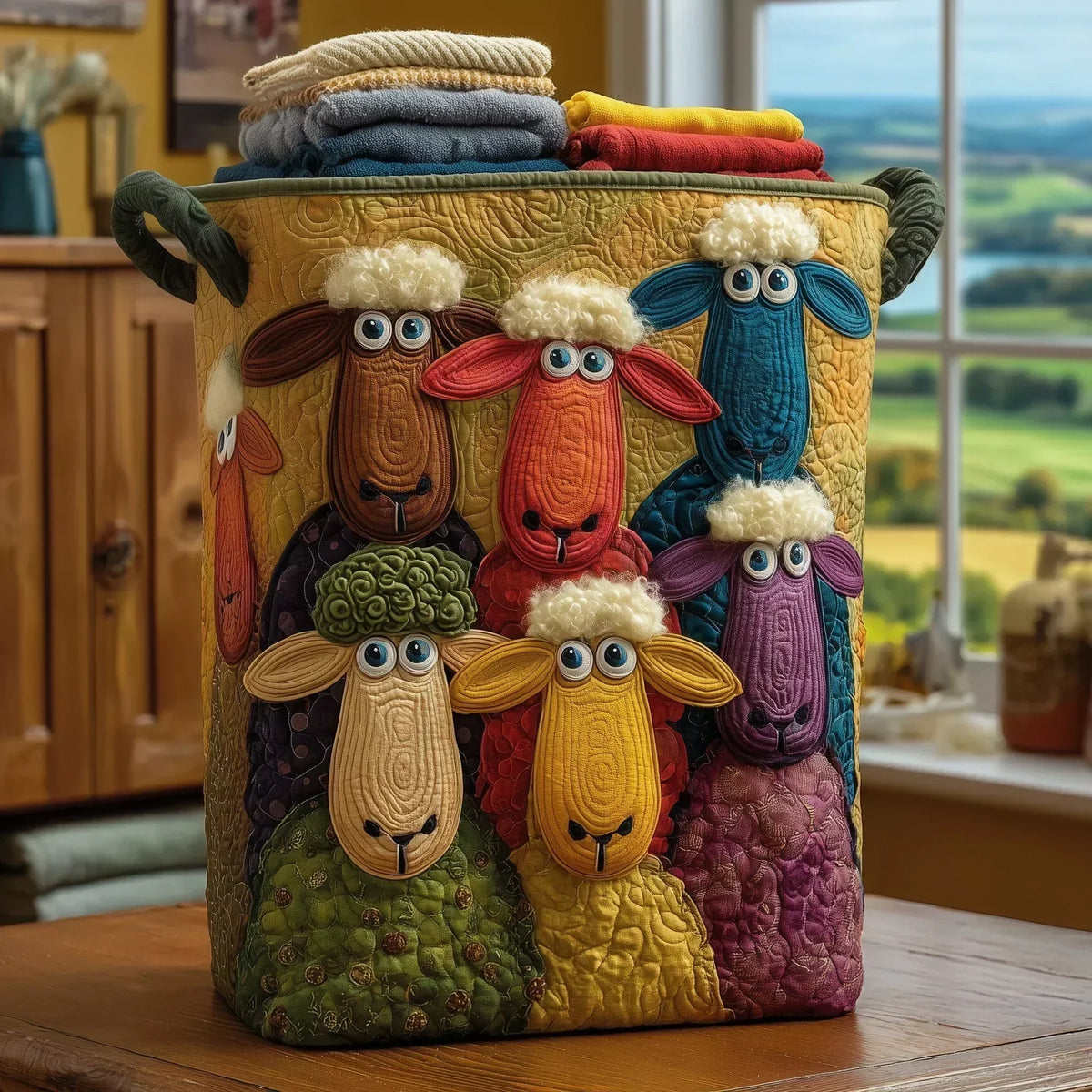 Panier matelassé avec des moutons parmi les collines