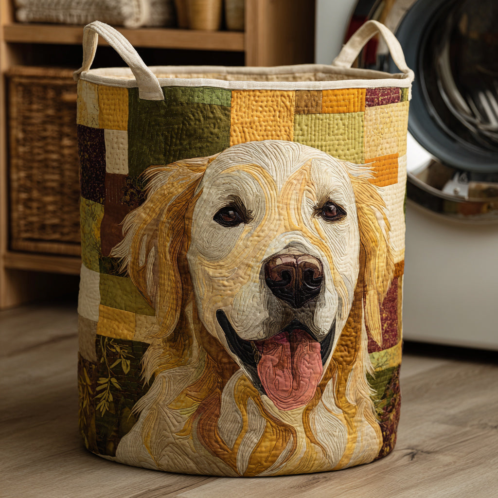 Panier rembourré avec un Golden Retriever souriant