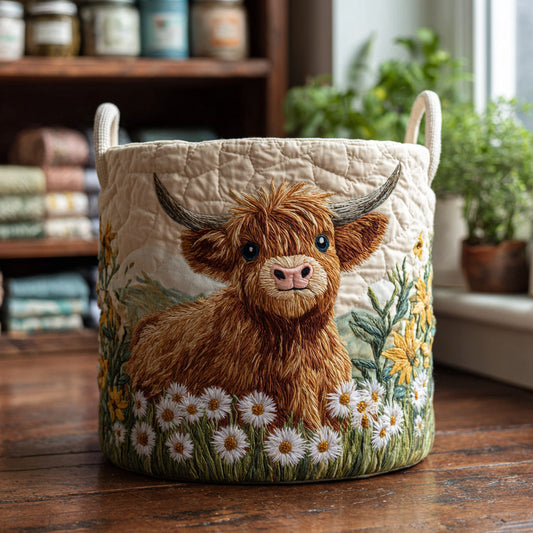Panier matelassé avec une vache Highland parmi les fleurs