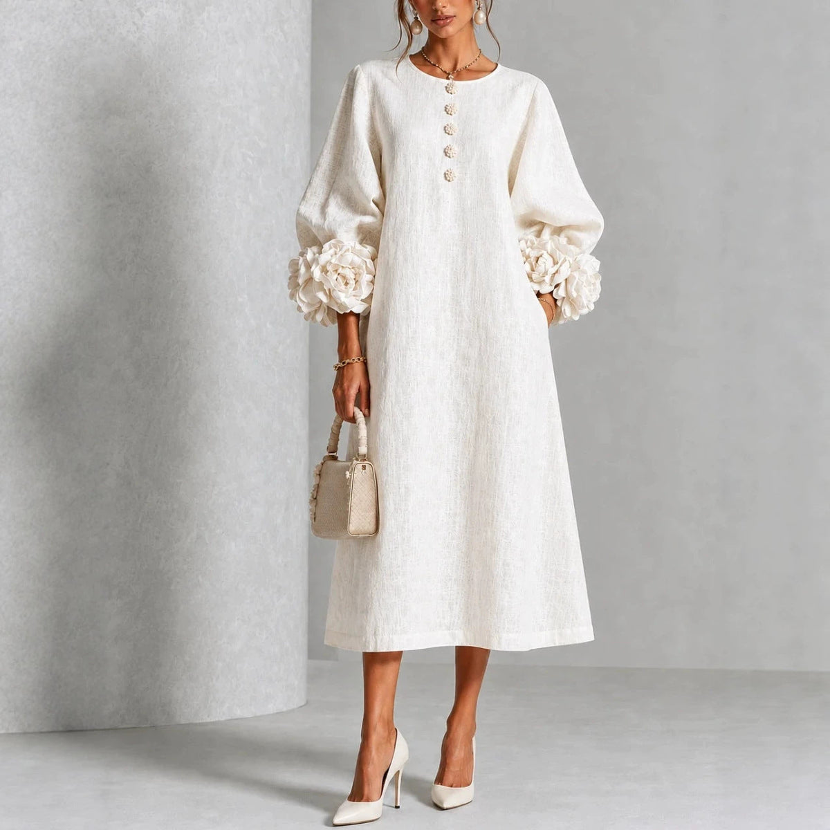 Margaux | Robe midi boutonnée à poignets rosette