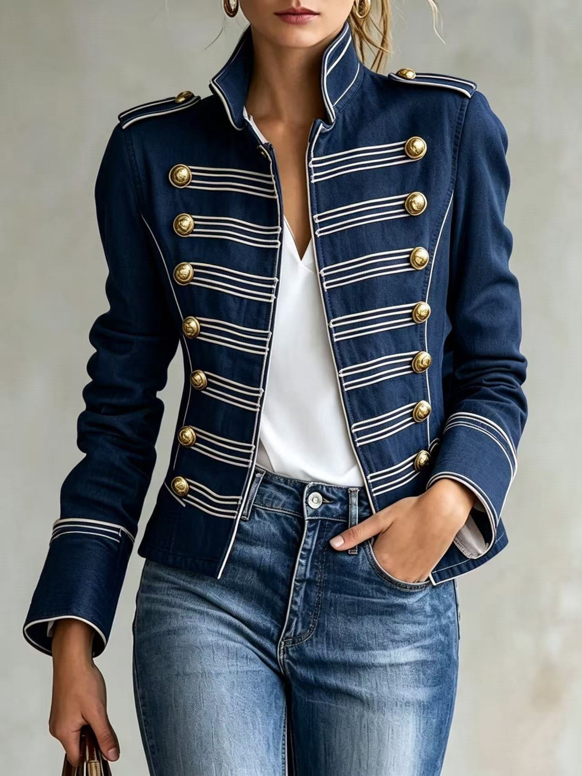 Marion | Veste en Jean Style Militaire à Boutons Dorés