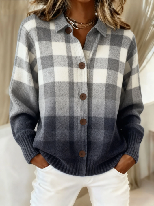 Agnès | Cardigan boutonné à carreaux dégradés gris