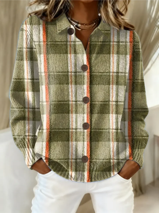 Noémie | Cardigan boutonné à carreaux vert olive