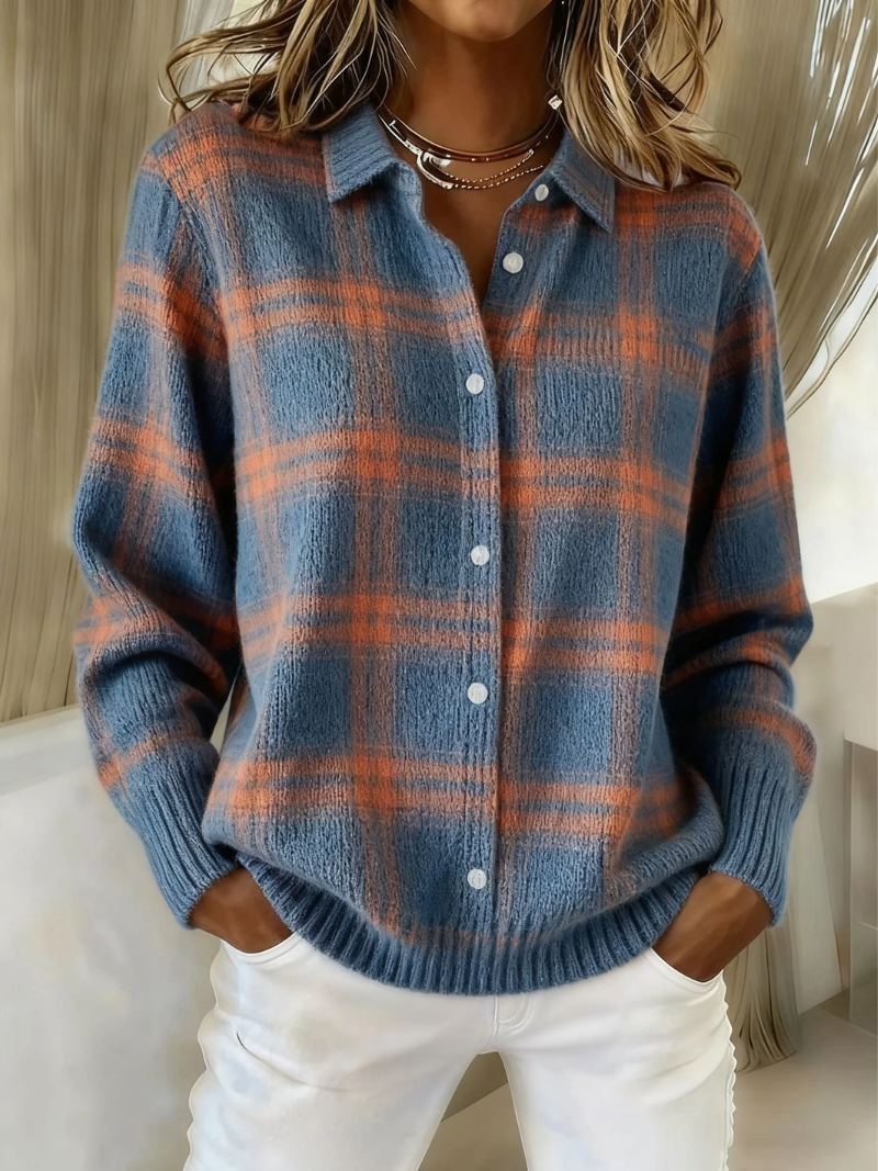 Clémence | Cardigan chaud à carreaux bleus