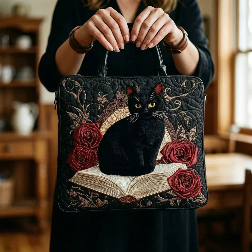 Sac cabas matelassé - Chat noir et roses rouges