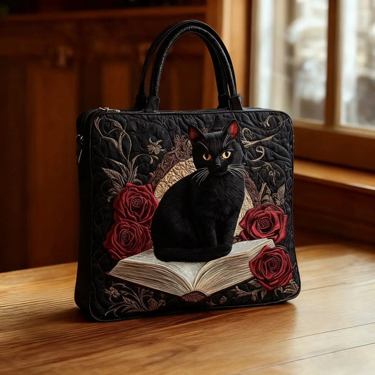 Sac cabas matelassé - Chat noir et roses rouges